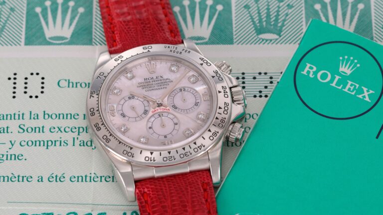 108137369 1745852142080 Rolex Cosmograph Daytona ref 16516 platinum with diamond set mother of pearl dial 1998 est 700000 1400000 CHF Sothebys 3